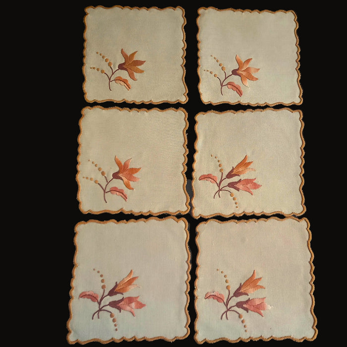 Vintage Hungarian Kalocsa Doily Set of 6 Rustic Autumn Farmhouse Napkins 1970-80s