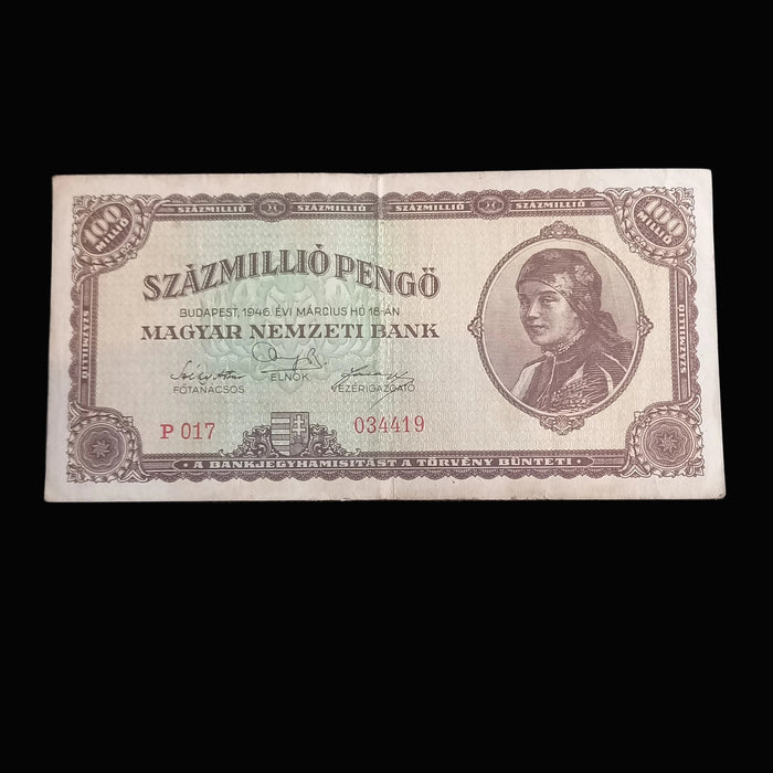 Vintage Banknote 1946 Hungary 100 Millió Pengő Girl Parliament Hyperinflation Art