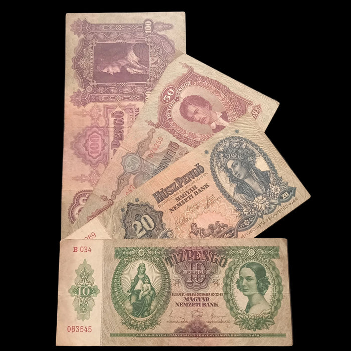 Vintage Banknote 1930-1941 Hungary Pengő 4pc Set 10 20 50 100 Old Paper Money Excellent