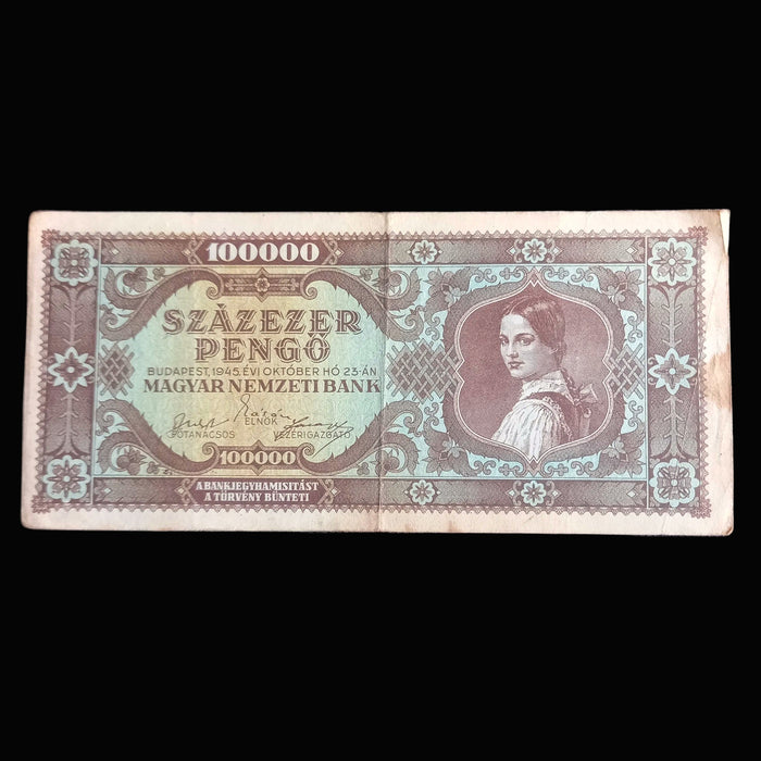 Vintage Banknote 1945 Hungarian 100,000 Százezer Pengő WWII European Memorabilia