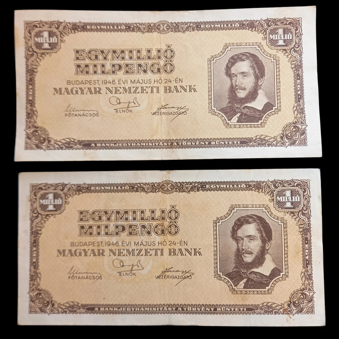 1946 Hungary Banknote One Million Milpengo Pair Trillion Pengo Hyperinflation Choice VF