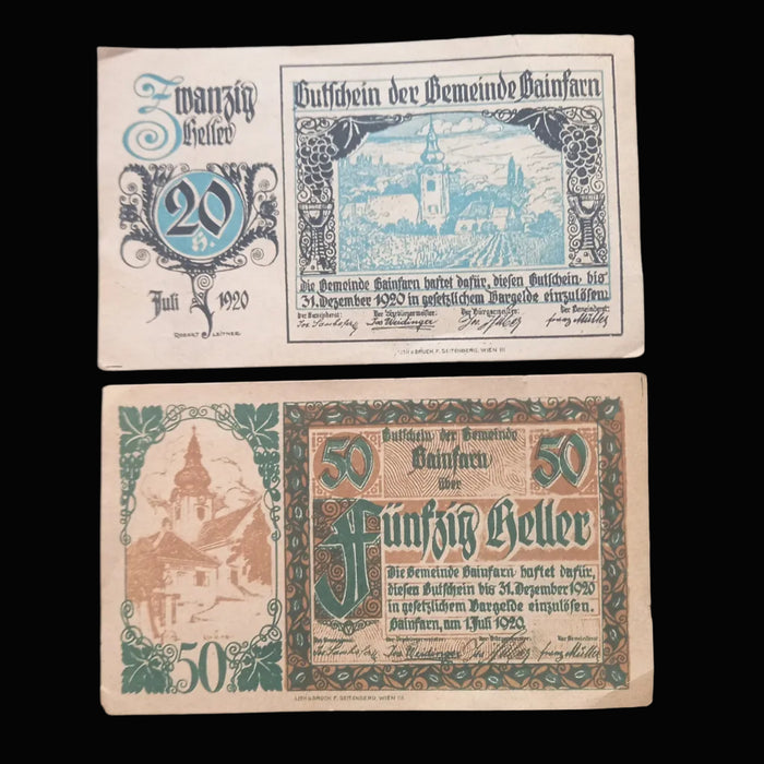 Antique Banknote Notgeld 1920 Austria Architecture 14pc Set Rare Stamped Gainfarn Heller Pair