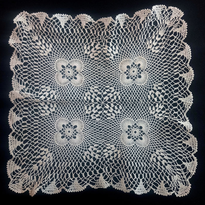 hungarian Csetneki Crochet Lace Crocheted doily with floral patterns on a black background