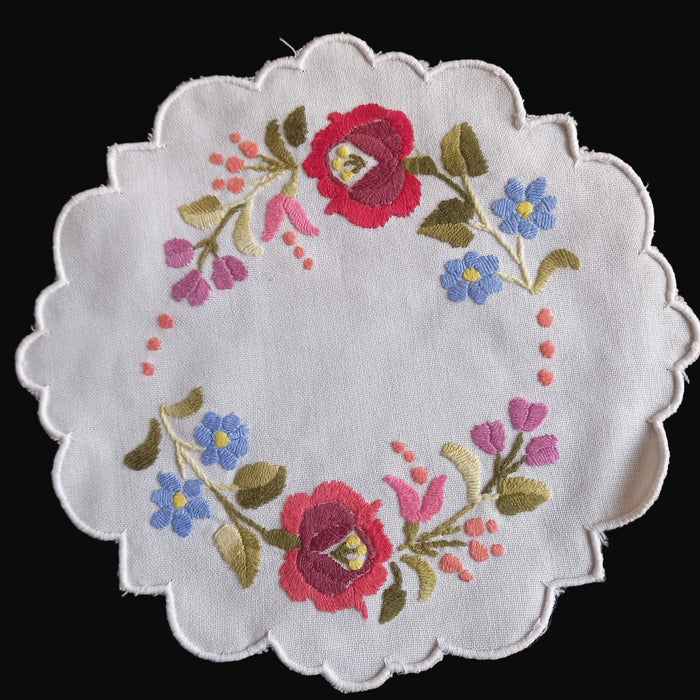 Vintage Hungarian Kalocsa Doily Hand-Embroidered Floral Wreath Folk Art 1960s