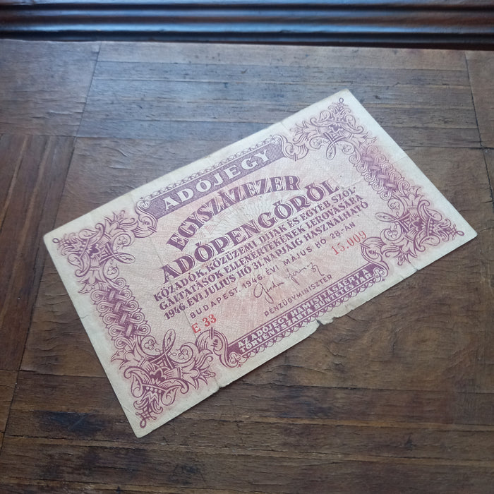 1946 Hungary Banknote 100,000 Adópengő Tax Note Hyperinflation Crisis Paper