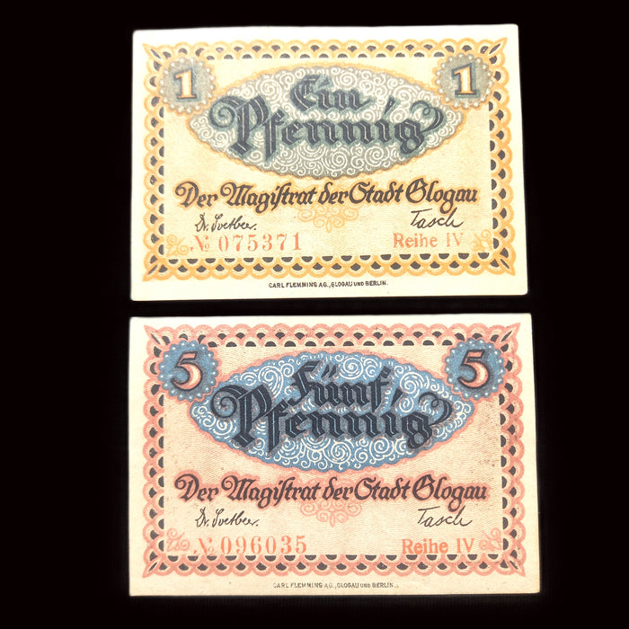 Antique Banknote 1920 Germany Glogau Notgeld Emergency Money 1 & 5 Pfennig Pair UNC