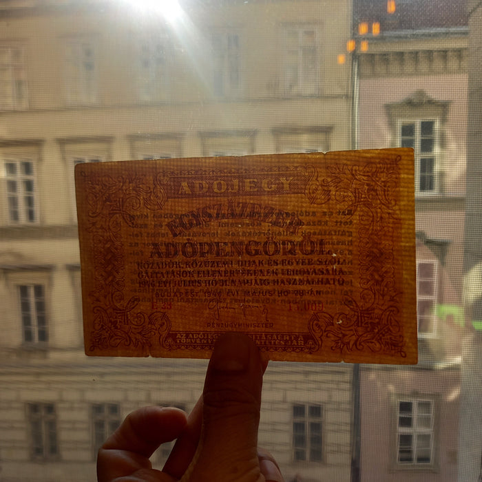 1946 Hungary Banknote 100,000 Adópengő Tax Note Hyperinflation Crisis Paper