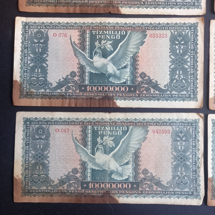 Vintage Banknote 1945 Hungary 10,000,000 Tízmillió Pengő 8-Note WWII Survivor Set