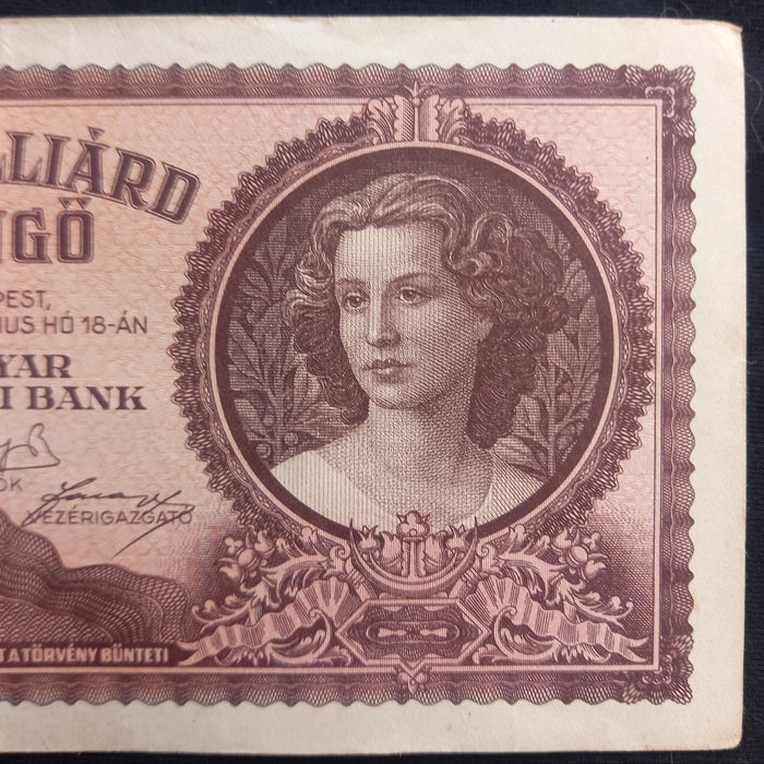 1946 Hungary Banknote One Billion Pengo Hyperinflation Bill Pink Lady Collectible XF