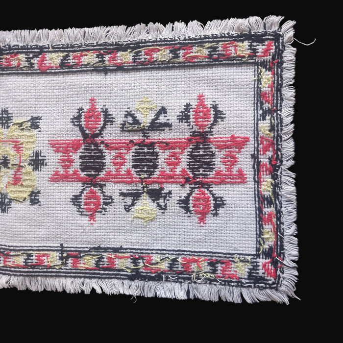 Vintage Hungarian Folk Art Table Runner Handmade Red Cross-Stitch Geometric 1950-60s
