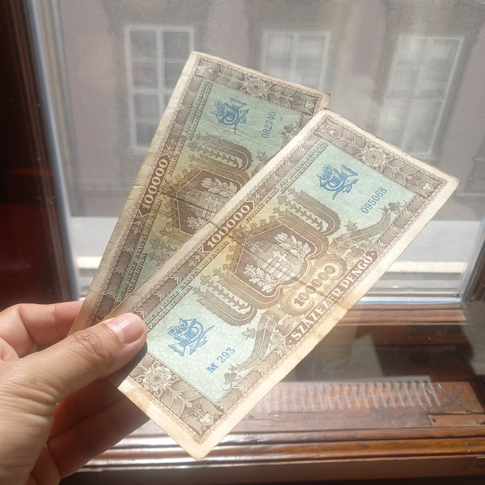 Vintage Banknote 1945 Hungary 100k Százezer Pengő Pair Matching M-Series WWII Currency