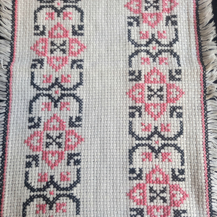 Vintage Hungarian Folk Art Table Runner Pink Tulips Hand Stitched 1950-60s