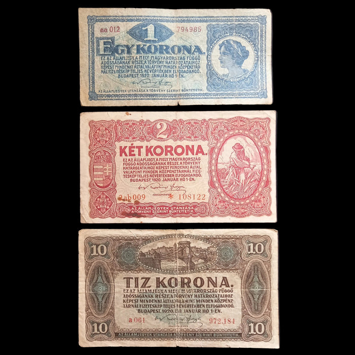 1920 Hungary Banknote Korona Set Rare Star Variant 1 2 10 Post-WWI Antique Money