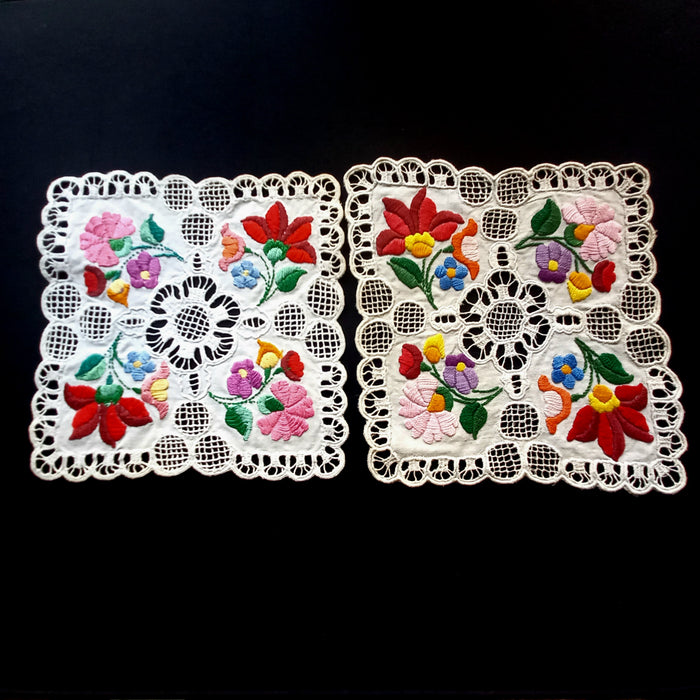 Vintage Hungarian Kalocsa Doilies 2 Hand-Embroidered Richelieu Heirlooms 1970s