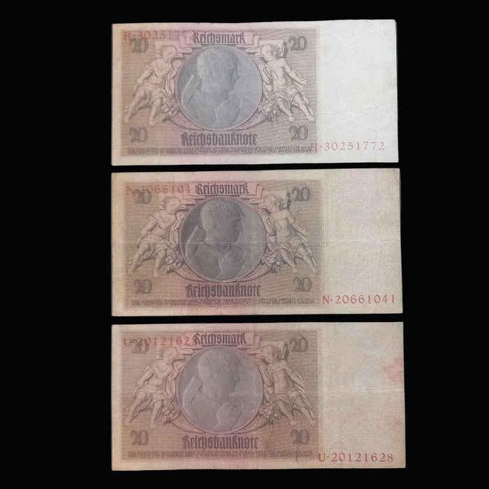 Antique Banknote 1929 Germany 20 Reichsmark 3pc Premium Choice Currency Collection
