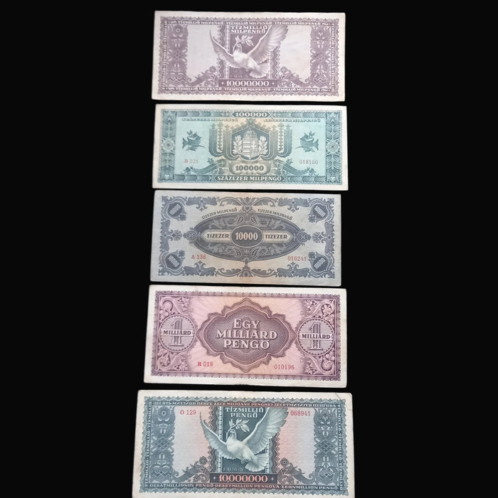 Vintage Banknote 1945-46 Hungary Pengő Premium 5pc Set Million Billion Trillion Milpengo Money