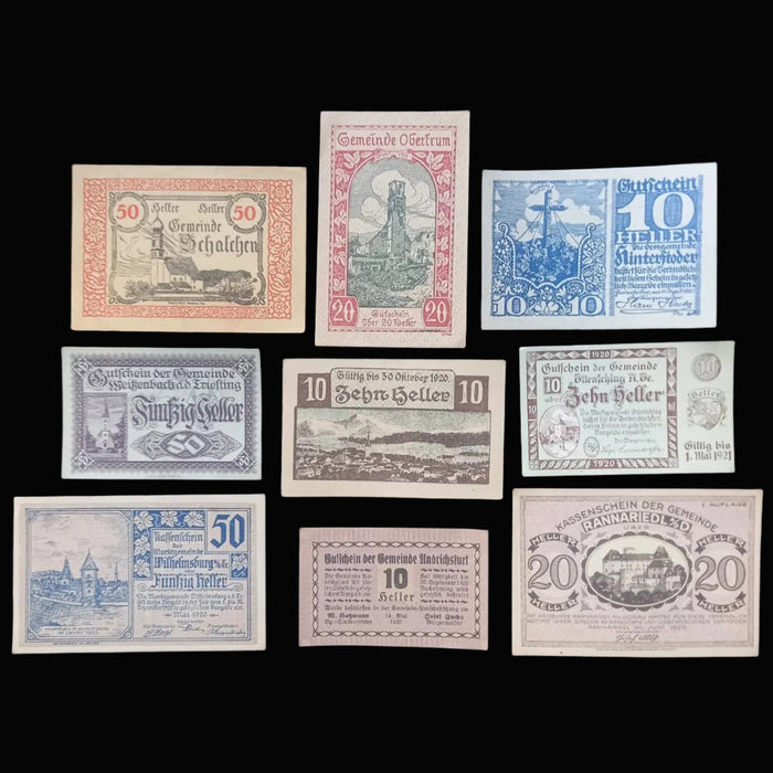 Antique Banknote Notgeld 1920 Austria Alpine Town Church 9pc Set Emergency Money Excellent