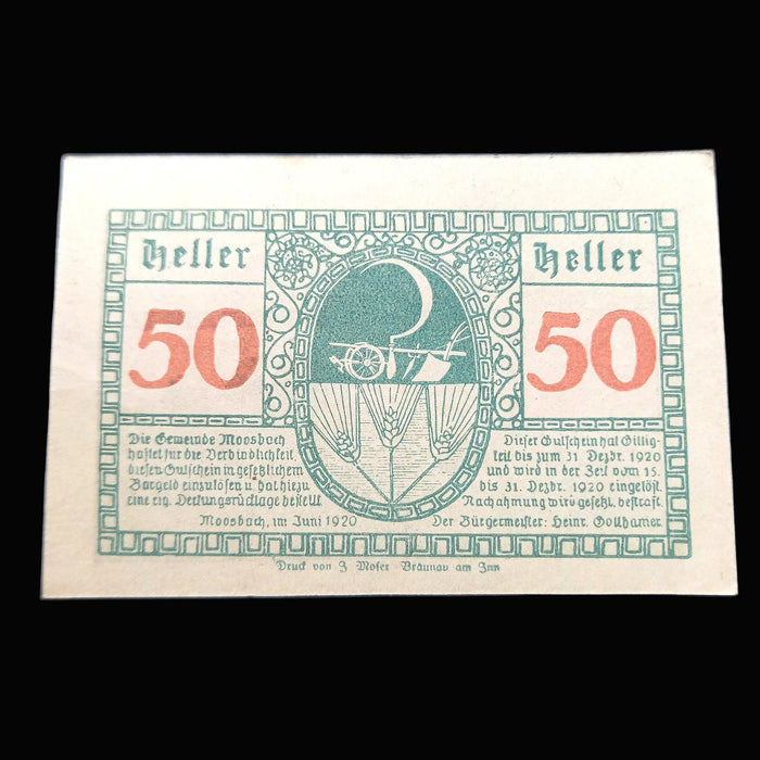 Antique Banknote 1920 Austria Moosbach Notgeld Set 50 & 20 Heller Emergency Money