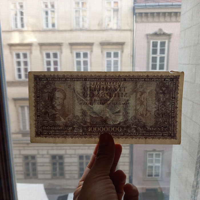 1946 Hungary Banknote 10 Million Milpengő Ten Trillion Pengo Hyperinflation Crisis