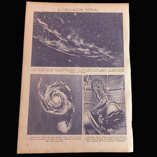 Vintage newspaper or magazine page with space-themed images and text on a dark background