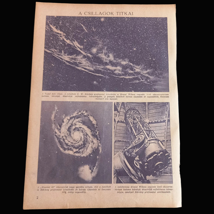 Vintage newspaper or magazine page with space-themed images and text on a dark background