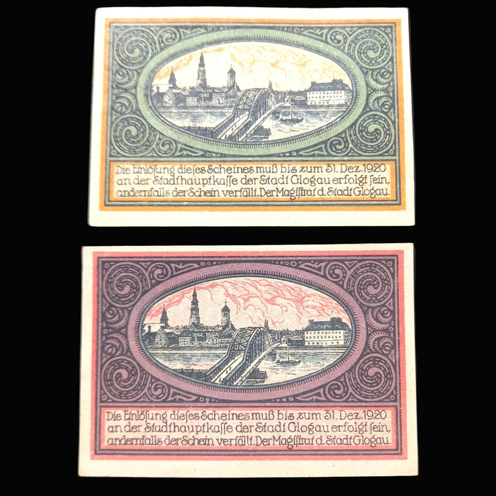 Antique Banknote 1920 Germany Glogau Notgeld Emergency Money 1 & 5 Pfennig Pair UNC