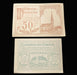 Two vintage banknotes from Weisskirchen with architectural illustrations on a black background