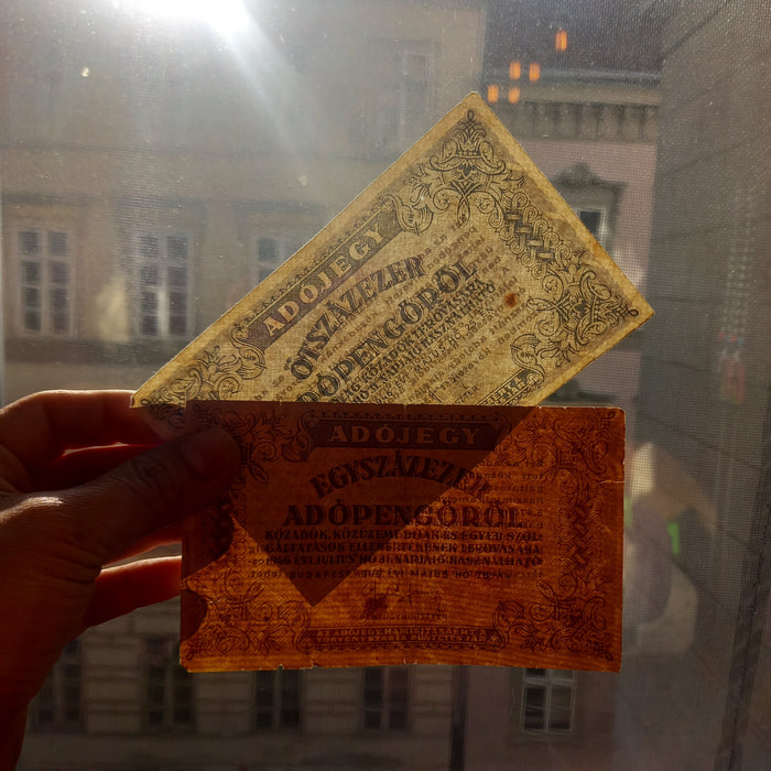 1946 Hungary Banknote Adopengo Tax Note Set 100k & 500k Hyperinflation Money