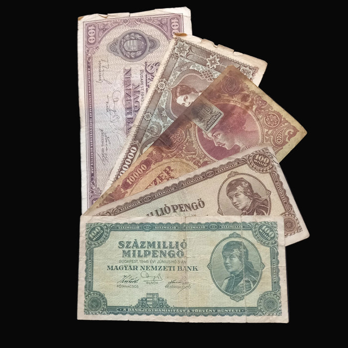 Vintage Banknote 1945-46 Hungary Pengő Milpengő 5pc Set 100 Trillion Hyperinflation Progression