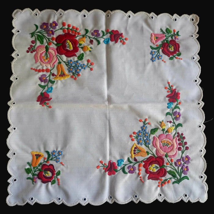 Vintage Hungarian Kalocsa Set Superb Hand Embroidered Floral Table Topper & Doily Mat 1970s