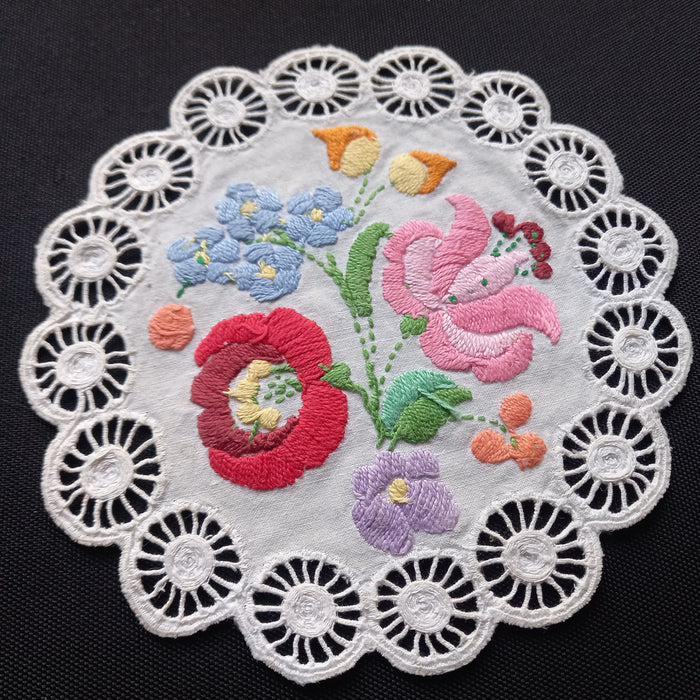 Vintage Hungarian Kalocsa Doily Flower Embroidery Richelieu Handmade Art 1970s