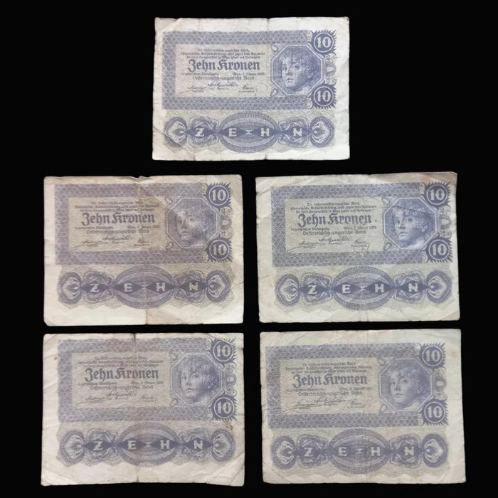 Antique Banknote 1922 Austria 10 Kronen Child Portrait Art History 5pc Set Old Paper Money