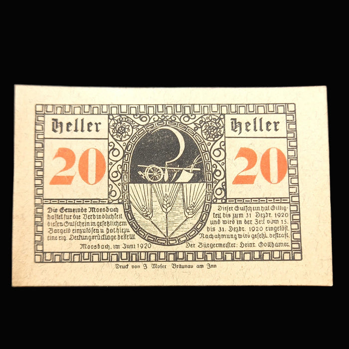 Antique Banknote 1920 Austria Moosbach Notgeld Set 50 & 20 Heller Emergency Money