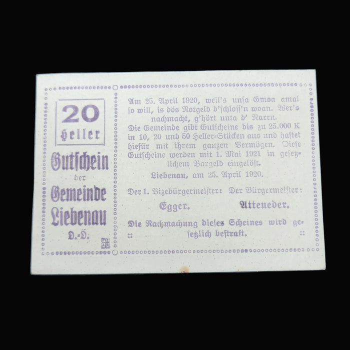 Antique Banknote 1920 Austria Liebenau Notgeld Emergency Money 20 Heller Variant Pair