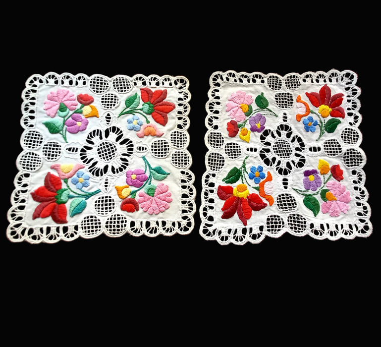 Vintage Hungarian Kalocsa Doily 5pc Set Hand-Embroidered Floral Richelieu Lace 1970s
