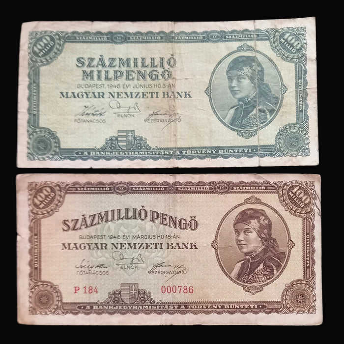 Vintage Banknote 1945-46 Hungary Pengő Milpengő 5pc Set 100 Trillion Hyperinflation Progression