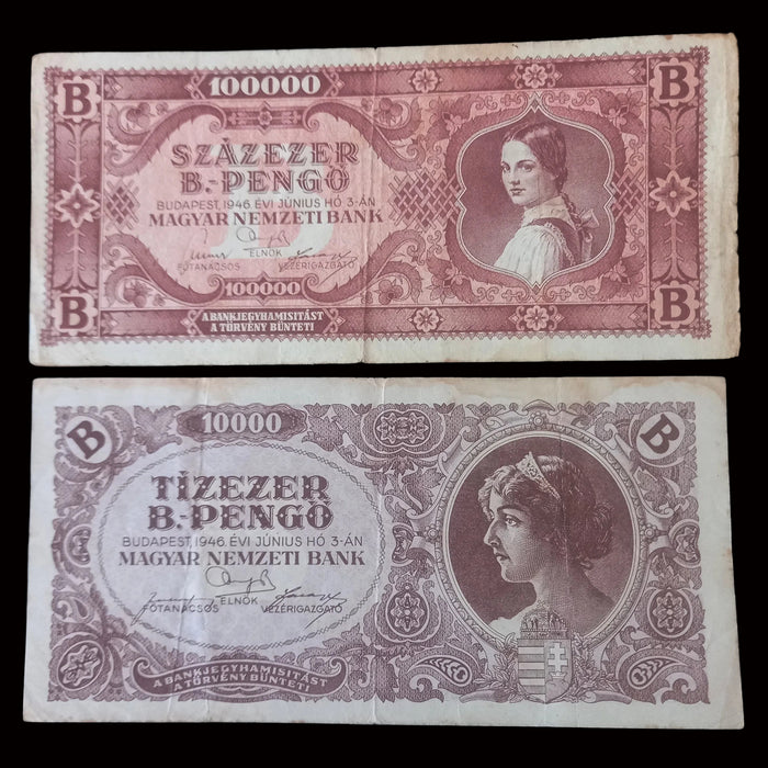 Vintage Banknote 1946 Hungary B-Pengő Set 100 Quadrillion Pengő Hyperinflation Post WWII Money