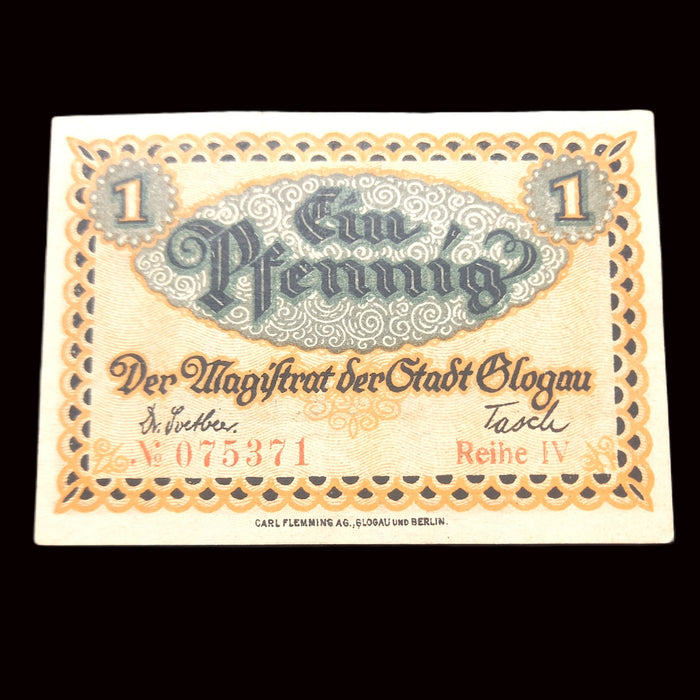 Antique Banknote 1920 Germany Glogau Notgeld Emergency Money 1 & 5 Pfennig Pair UNC