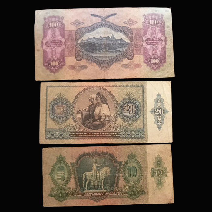 Vintage Banknote 1930-1941 Hungary Pengő 3pc Set Tíz Húsz Száz 10 20 100 Progression Bills