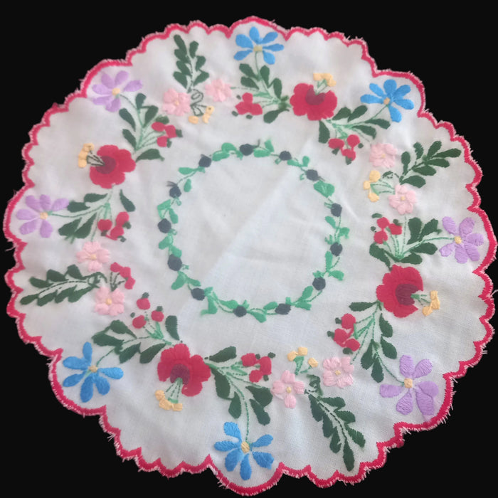 Vintage Hungarian Kalocsa Doily Round Wreath Wildflowers Handmade Decor 1960s