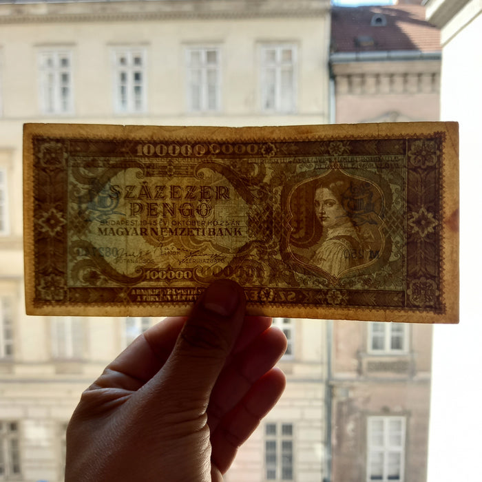 Vintage Banknote 1945 Hungary 10K Stamped, 100K, 10M Pengő Currency Progression Set