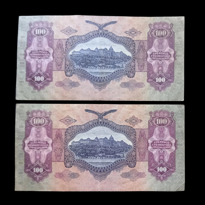 1930 Hungary Banknote 100 Pengo Pair Vibrant Purple E-Series Old World Money
