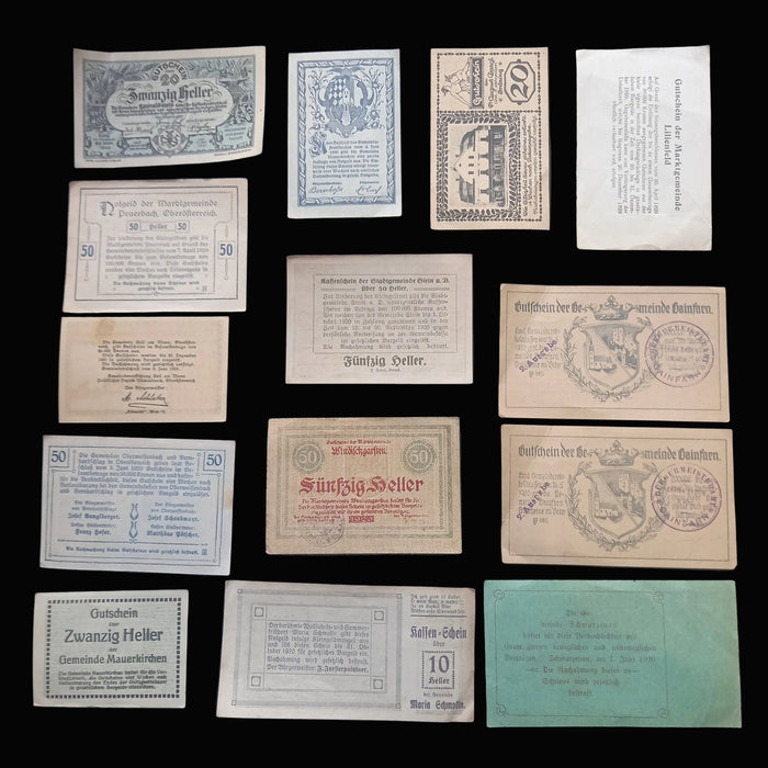Antique Banknote Notgeld 1920 Austria Architecture 14pc Set Rare Stamped Gainfarn Heller Pair