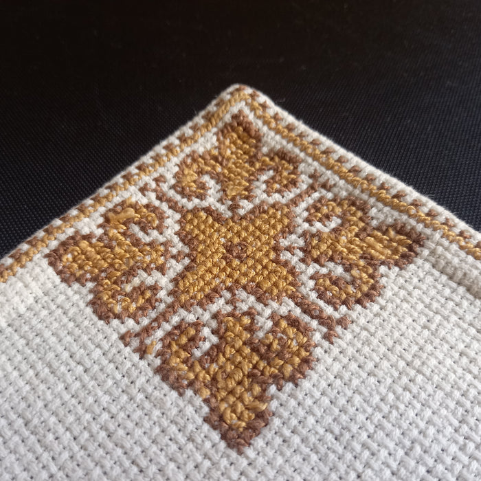Vintage Hungarian Folk Art Doily Geometric Cross-Stitch Gold Fleur-de-lis 1960s