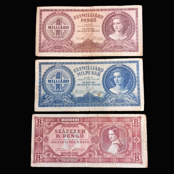 Vintage Banknote 1946 Hungary Billion Trillion Quadrillion Hyperinflation Progression 3pc Set