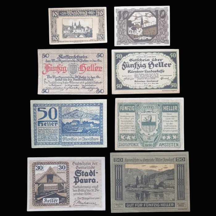 Antique Banknote Notgeld 1920 High Grade Heritage 8pc Set Emergency Paper Heller Money