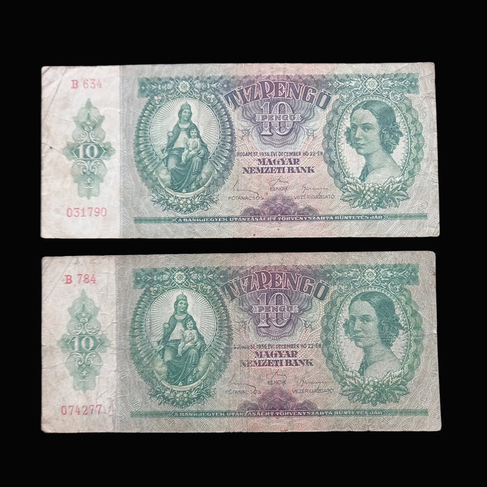 Vintage Banknote 1936 Hungary Tíz 10 Pengő Pair Madonna Baby Jesus Historic Paper Money