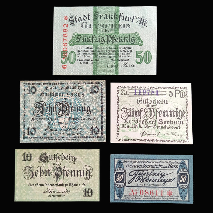 Antique Banknote 1917-1921 Germany Notgeld Frankfurt Borkum Thale Schkeuditz Harz Set