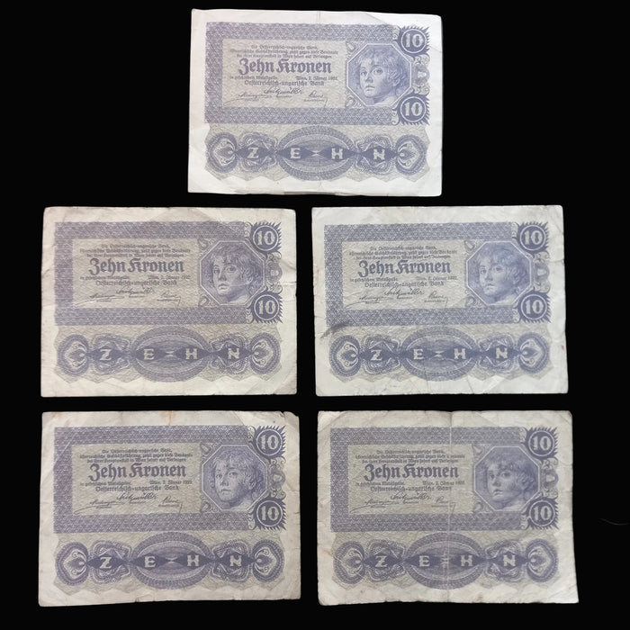 Antique Banknote 1922 Austria 10 Zehn Kronen 5pc Set Hyperinflation Money Collectible