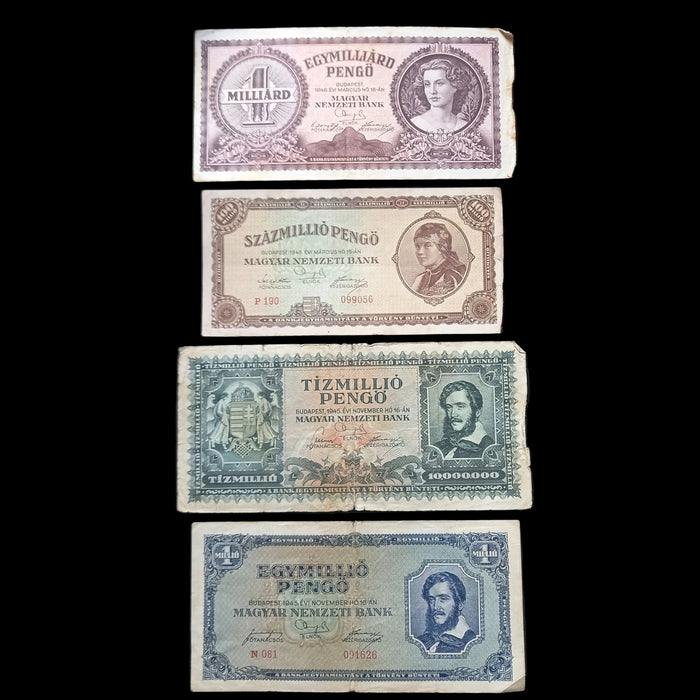 1945-46 Hungary Banknote Pengo Set Post-WWII Hyperinflation Progression Bills